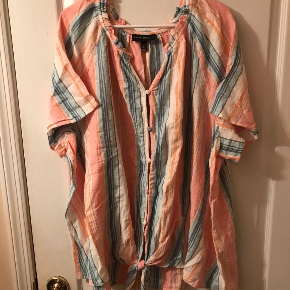 Lane Bryant Striped Linen Button-Up Tie-Front Blouse NWOT